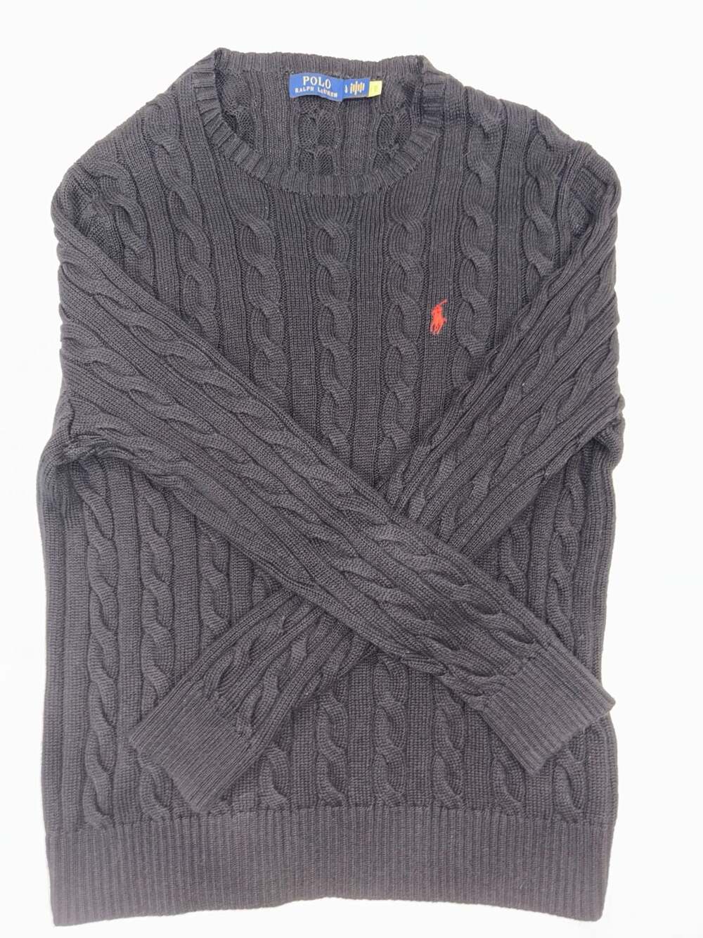 Polo Ralph Lauren Cable Knit Sweater Men’s Large black Crewneck Red Pony Logo